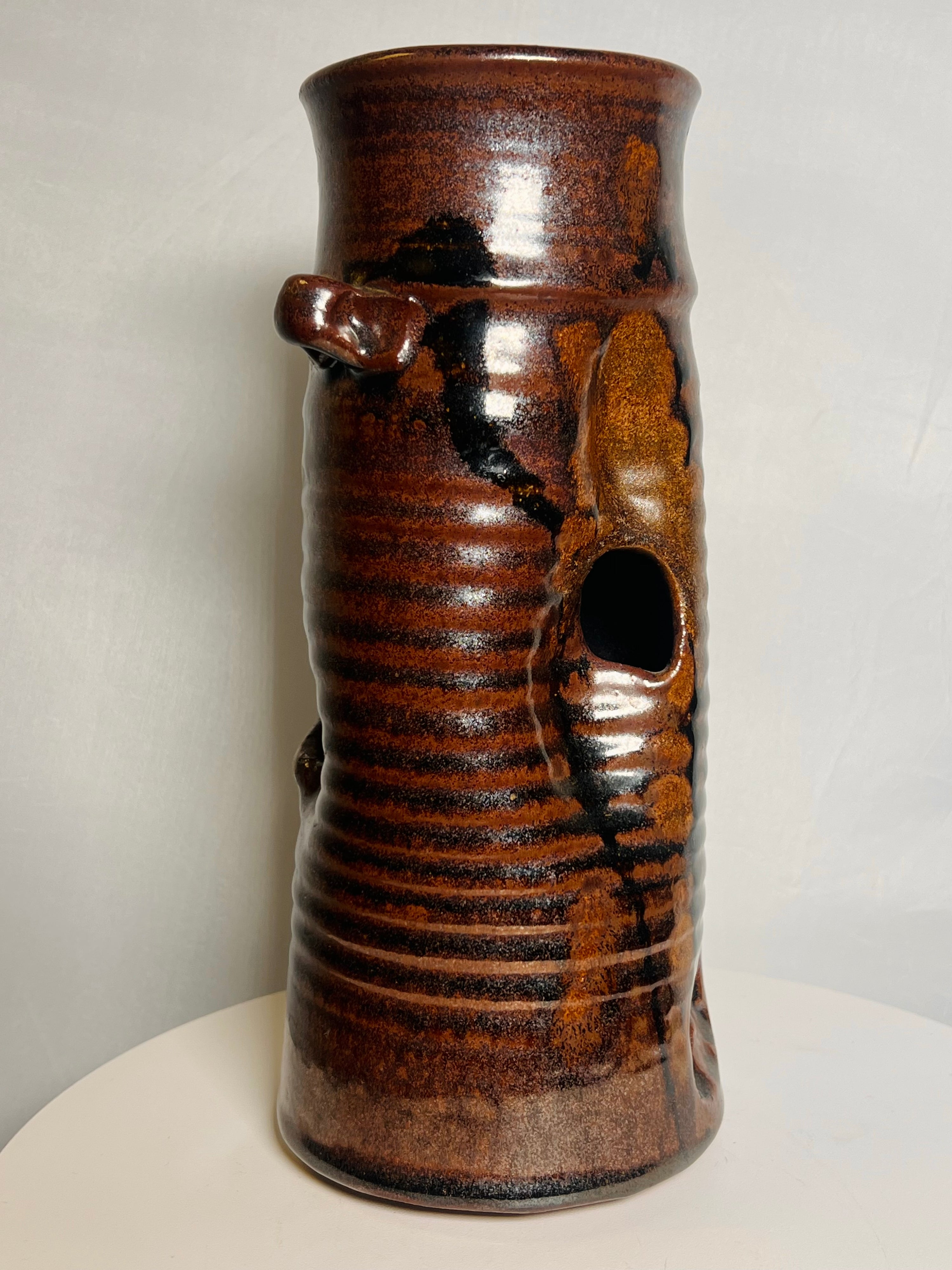 Signed Brown Glazed Clay Vase (Vintage)