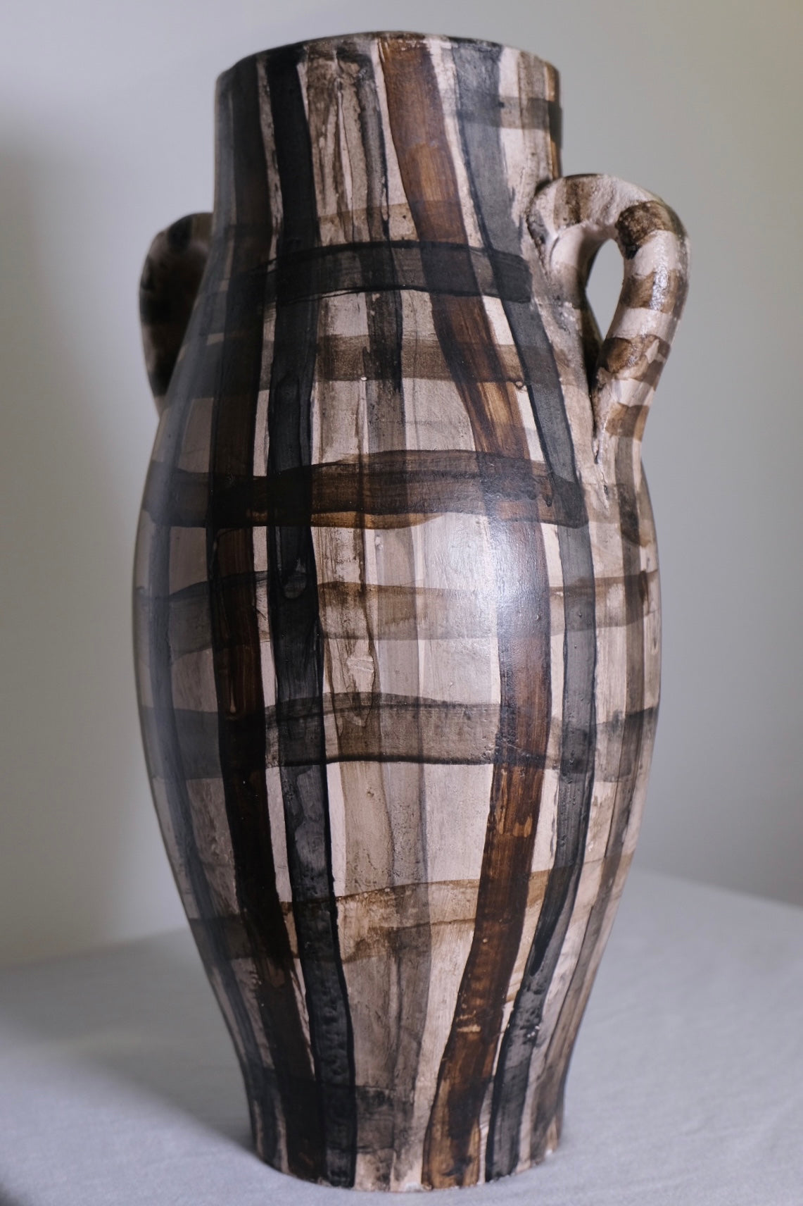 Grecian Style Plaid Tall Urn/Studio Pottery Vase