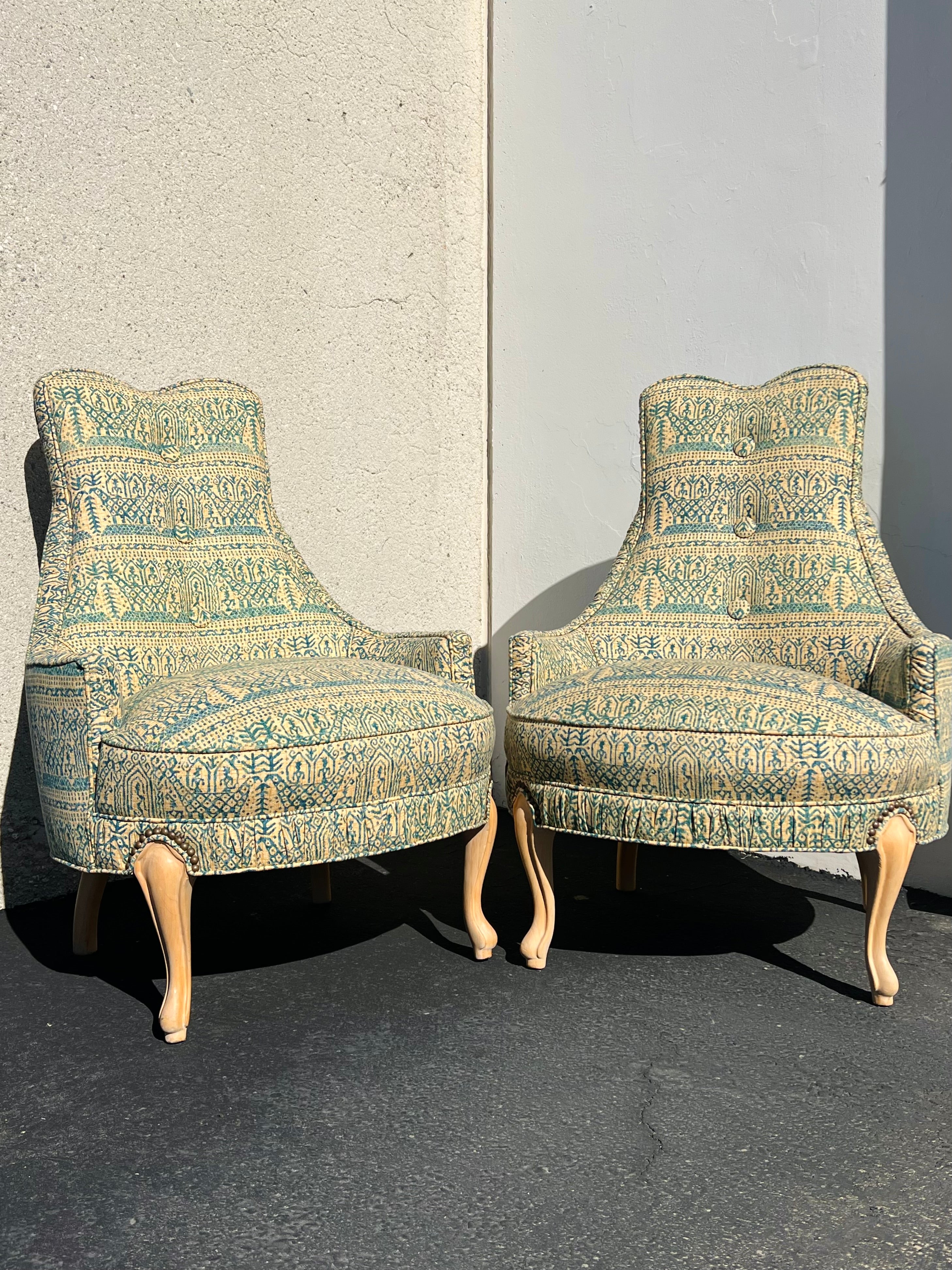 1970s Mid-Century Regency Batik Fabric Chairs (Pair)(Vintage)