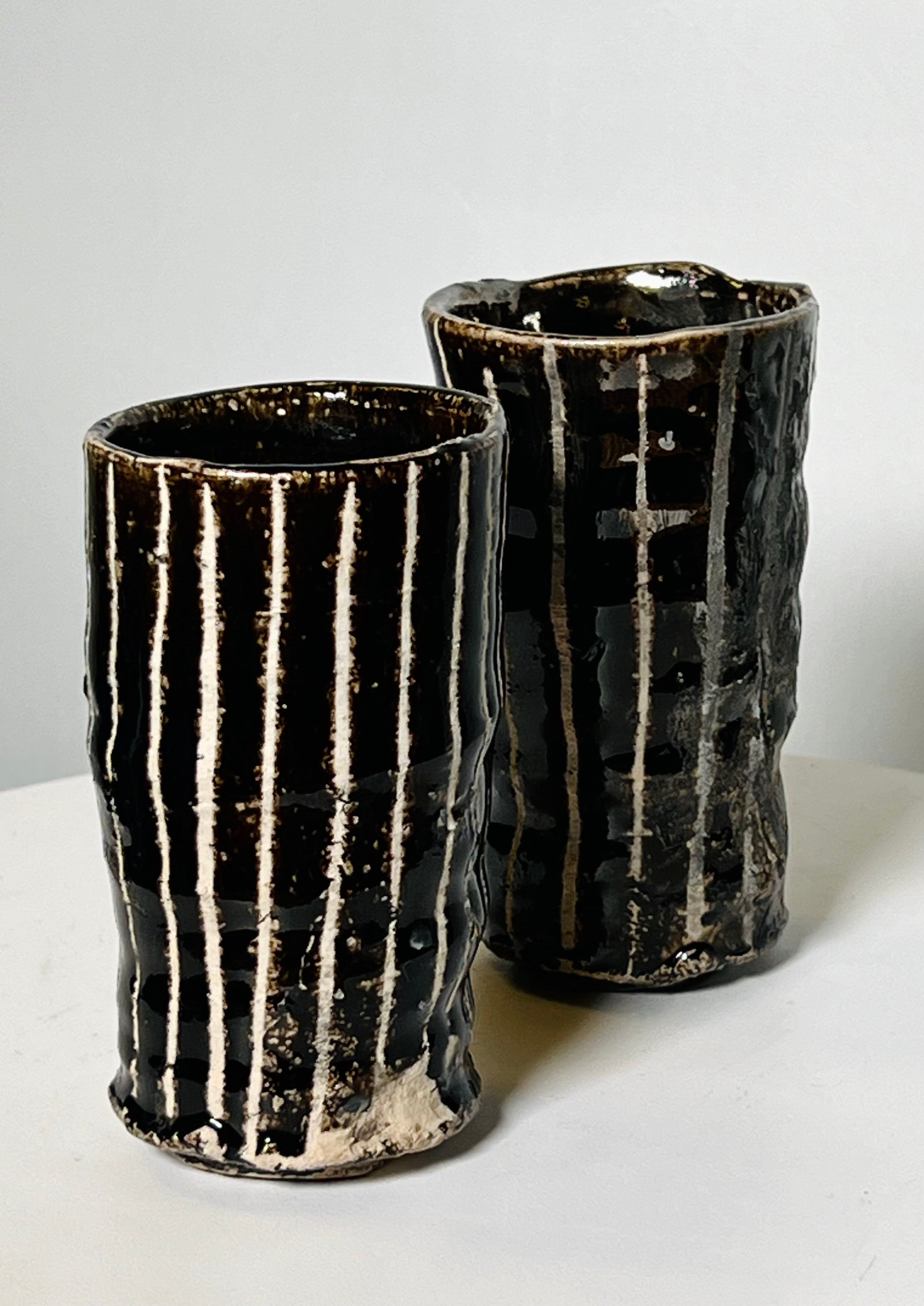 Pair of Black/White Striped Studio Pottery Cups (Vintage)