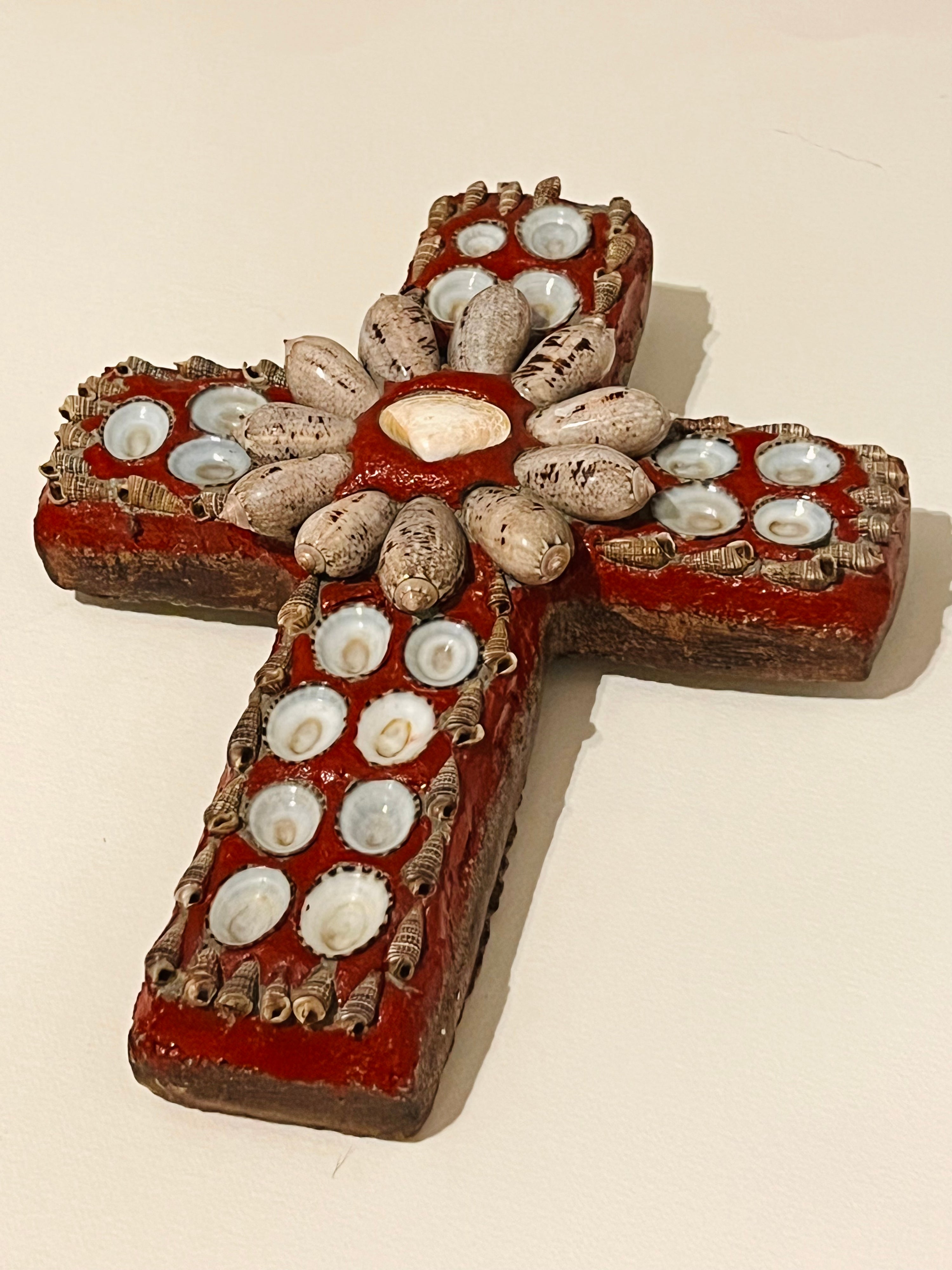 Red Shell Embellished Cross Wall Hanging (Vintage) (SOLD)