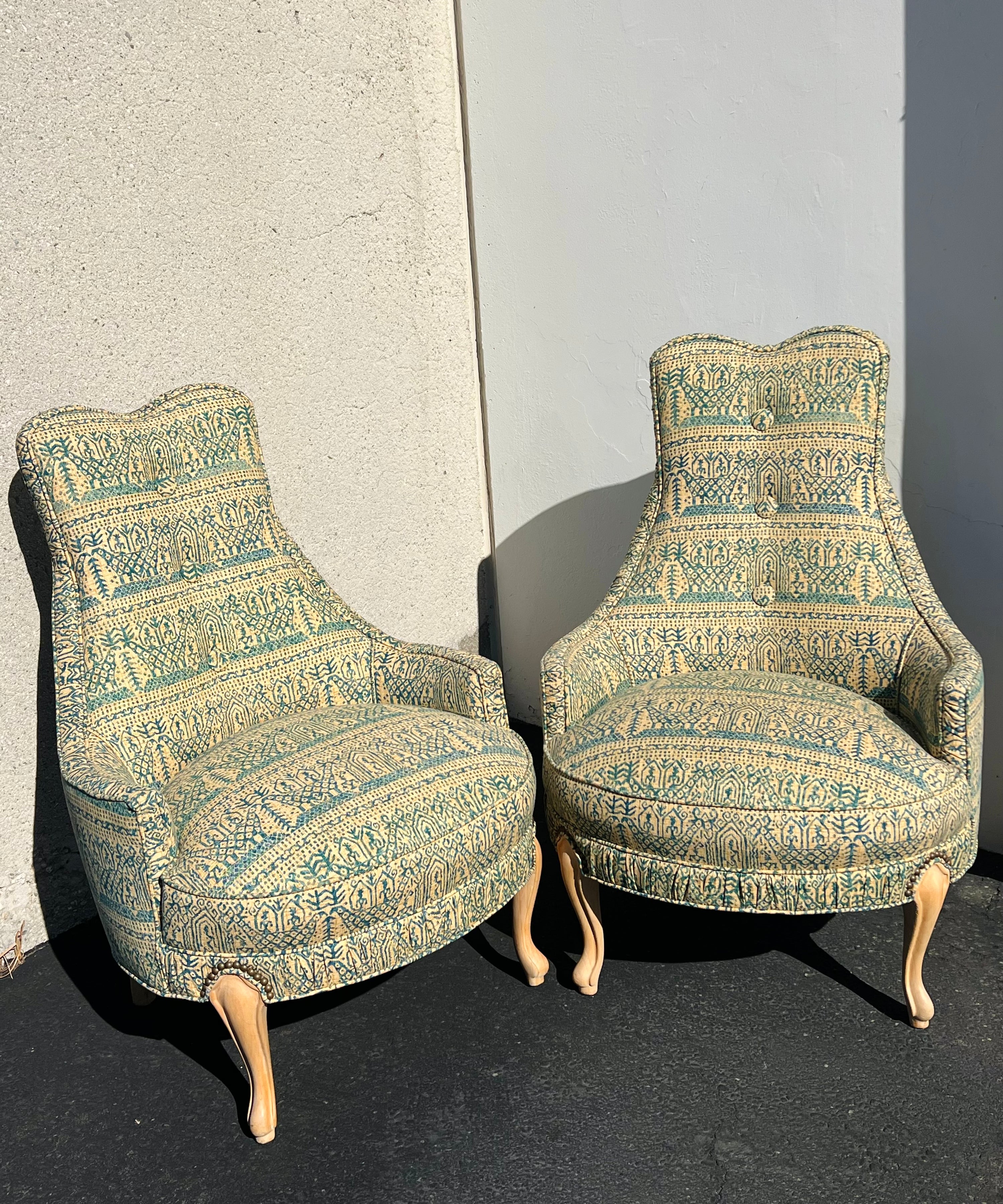 1970s Mid-Century Regency Batik Fabric Chairs (Pair)(Vintage)