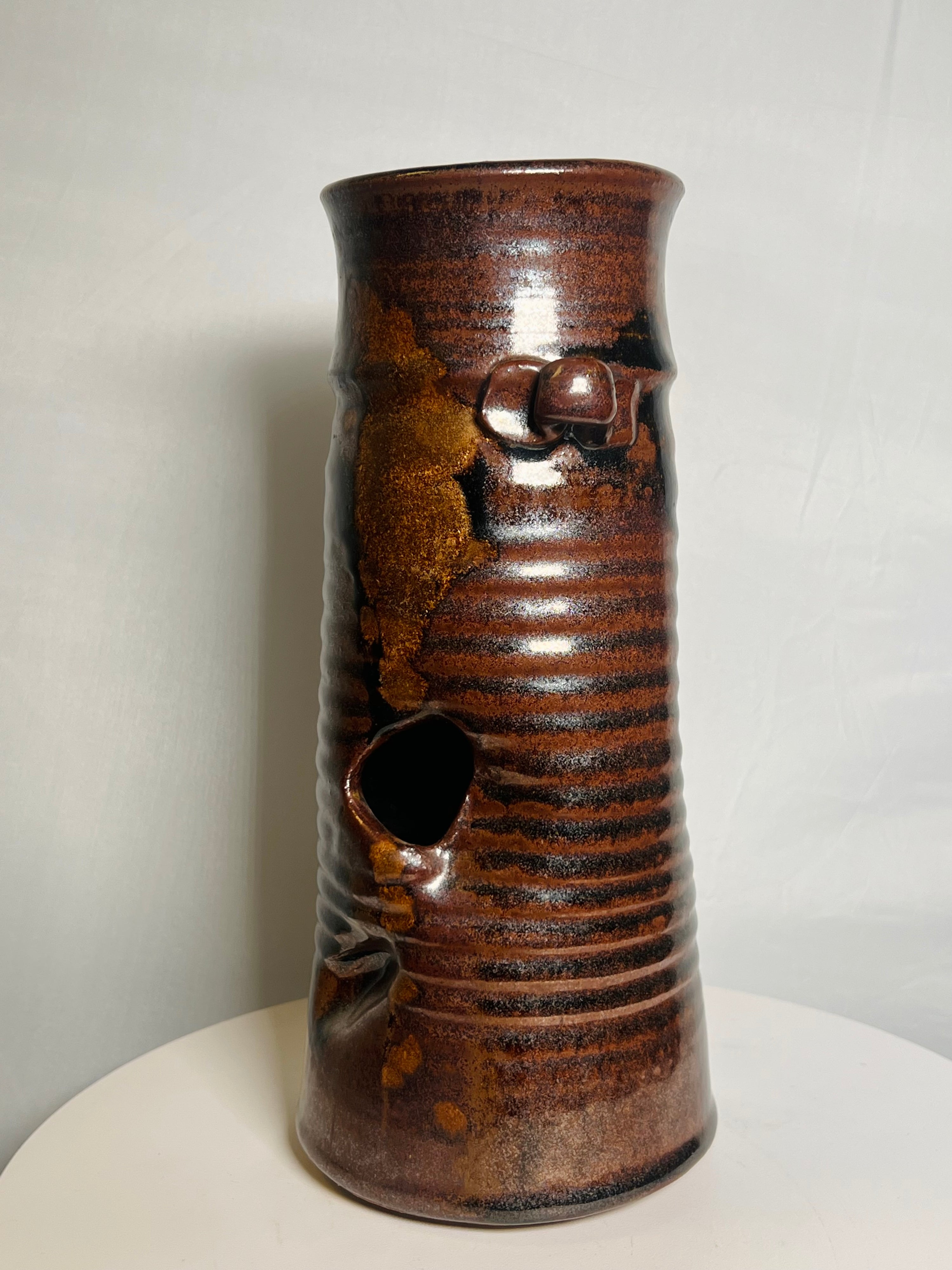 Signed Brown Glazed Clay Vase (Vintage)