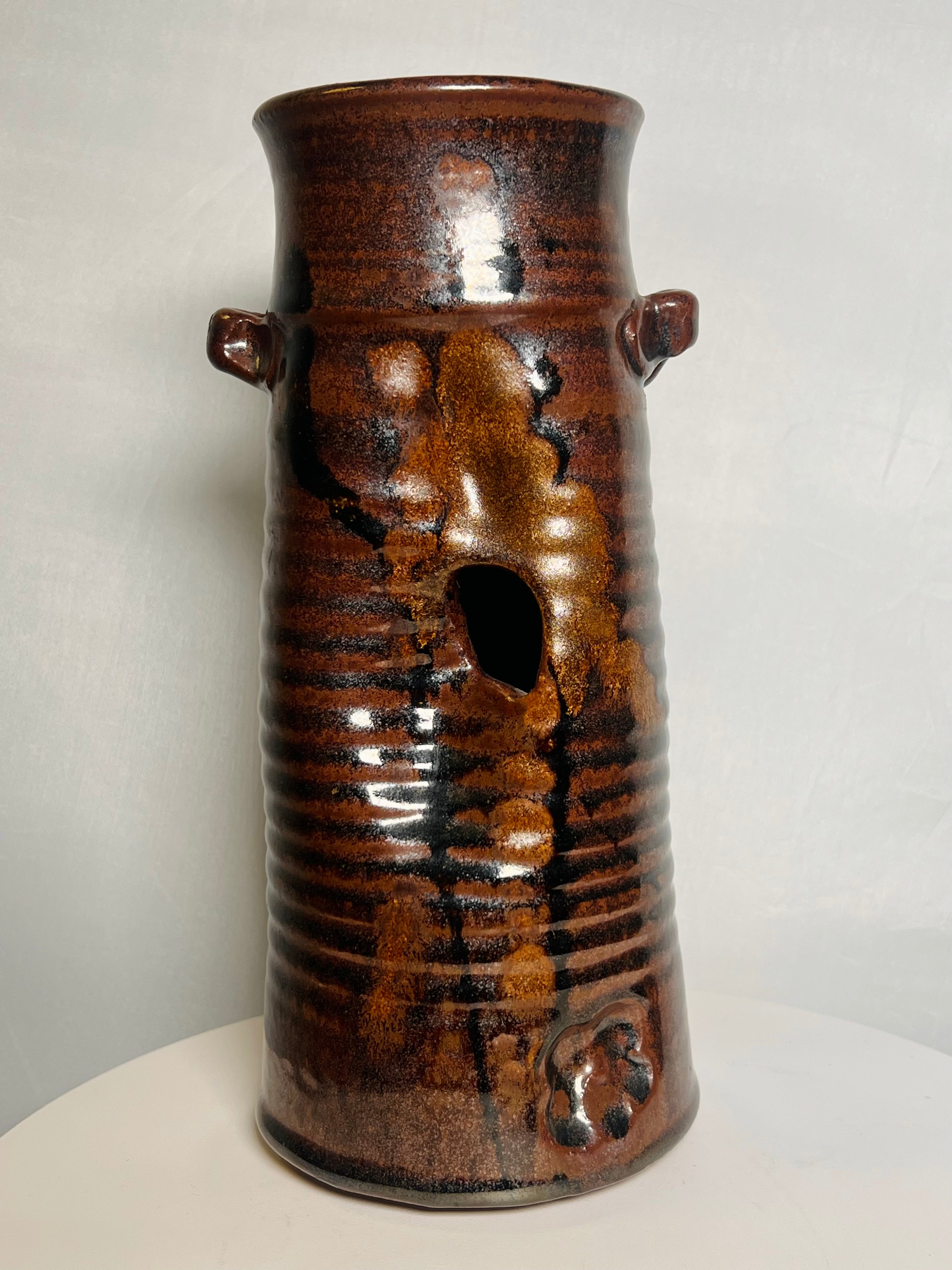 Signed Brown Glazed Clay Vase (Vintage)