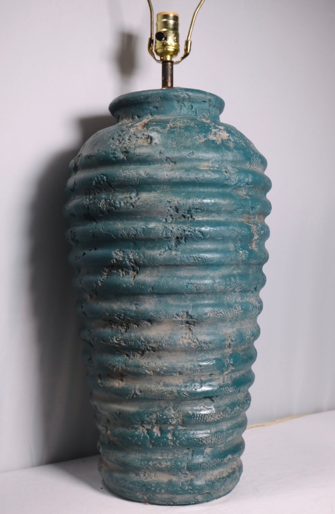 Large Ribbed Turquoise Italian Stoneware Lamp