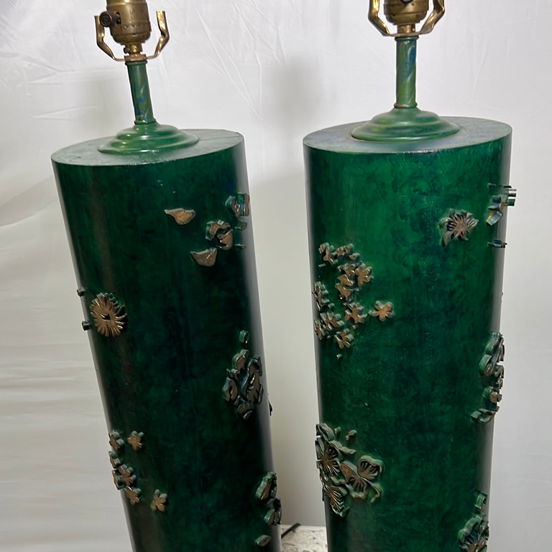 Green Hand Crafted Wallpaper Roller Lamps (pair)