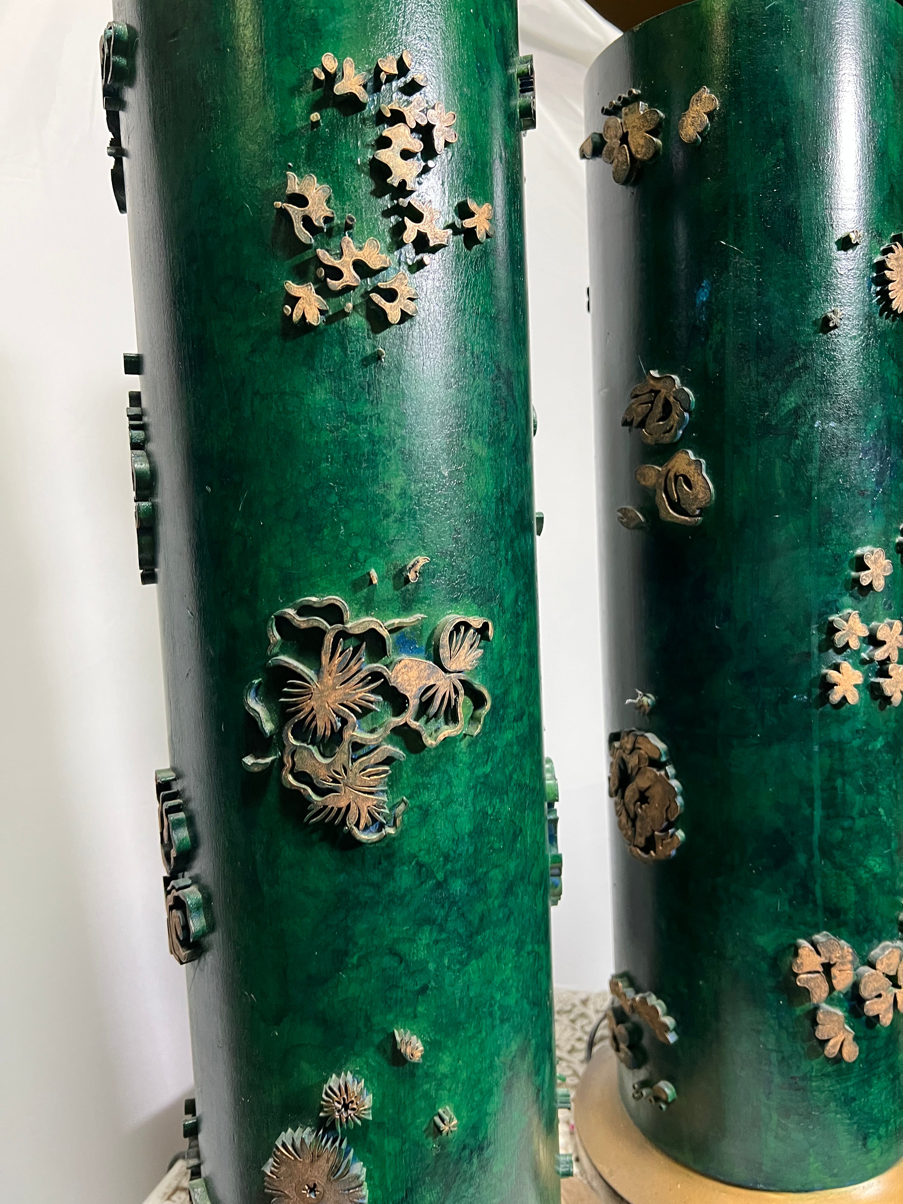 Green Hand Crafted Wallpaper Roller Lamps (pair)